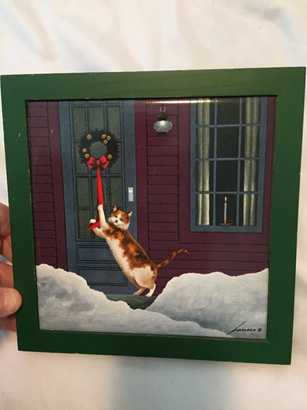 VTG Lowell Herrero Tile Trivet Cat Christmas Ribbon Framed Wall Art Vandor 1989